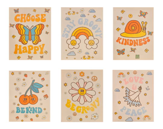 Collectie retro hippy vintage posters groovy rainbow flower