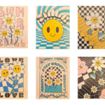 Collectie van retro posters bloemen kleuren smiley